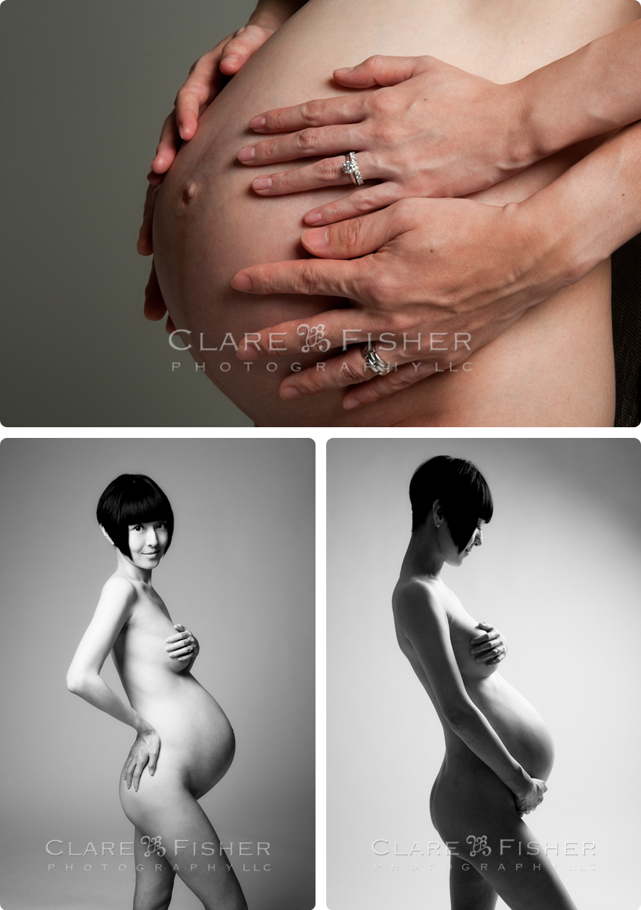 Blog Collage-1349282751454 Two black and white maternity images of a pregnant mom to be and a detail shot of Dad's hands on the belly. NYC maternity photography