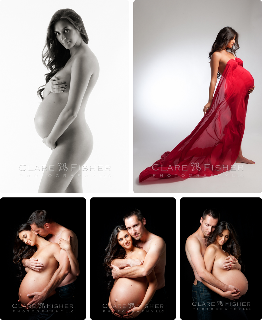 Maternity Collage Maternity photography collage made up of a black and white nude maternity image, red flowing fabric maternity photograph, and a triptych of a pregnant couple.